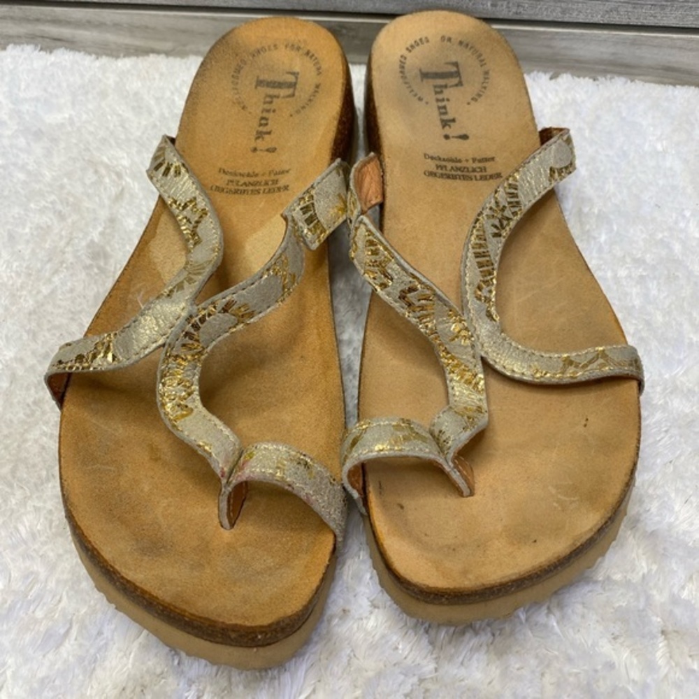 Think! Women's Gold Shimmer Leather Slide Wedge Casual Sandals 37